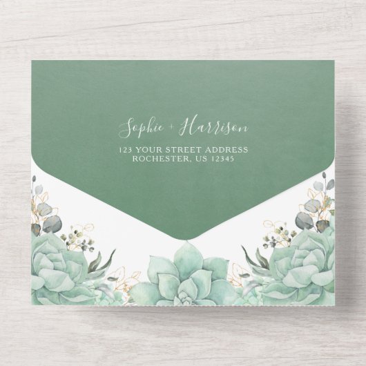 グリーンと多肉植物とゴールドの葉のウェディング オールインワン招待状 (裏面)