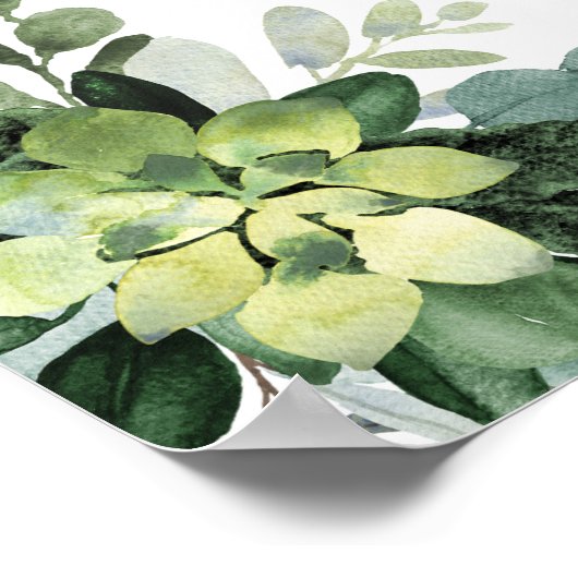 グリーンと多肉植物のゴールド ウェルカムサイン 結婚式の朝食 ポスター (角)