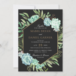 グリーンと多肉植物の幾何学的なゴールドフレームの結婚式 招待状