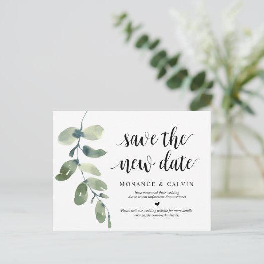 グリーンと新しい日程を保存, 結婚式延期のお知らせ, ウェディング ポストカード (スタンド正面)