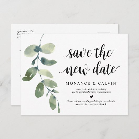 グリーンと新しい日程を保存, 結婚式延期のお知らせ, ウェディング ポストカード (正面/裏面)