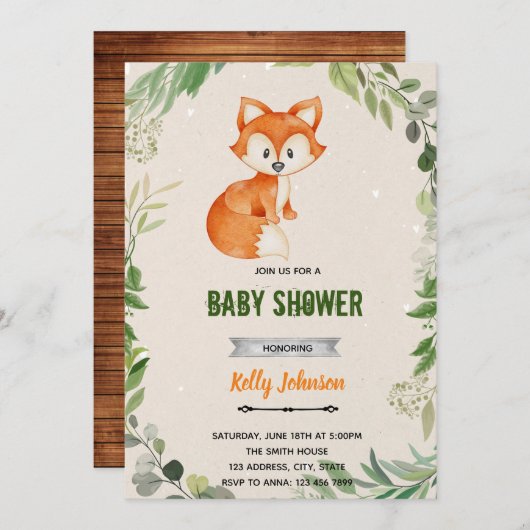 グリーンと森林の狐の誕生日招待状 招待状 (正面/裏面)