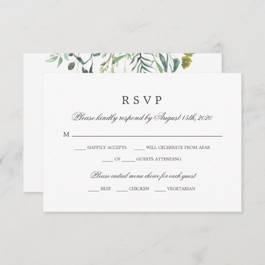 グリーンと植物のデザイン | 披露宴の食事選択の返信カード 出欠カード (正面/裏面)