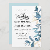 グリーンと水彩のユーカリを使ったおしゃれなウェディング 招待状 (正面/裏面)