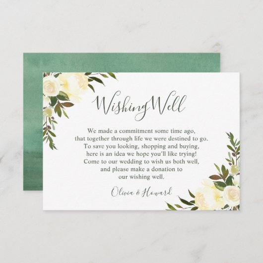 グリーンと水彩の花の結婚式の願い井戸 招待状 (正面/裏面)