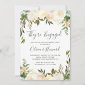 グリーンと水彩の象牙色の花のエンゲージメントパーティー 招待状 (正面)
