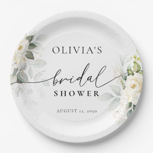グリーンと白いバラのウェディングシャワー ペーパープレート (正面)