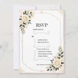 グリーンと白いバラのゴールドフレーム結婚式RSVP