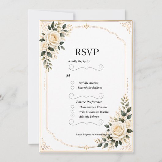 グリーンと白いバラのゴールドフレーム結婚式RSVP (正面)