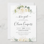 グリーンと白いバラのベビーシャワー招待状 セーブザデート (正面)