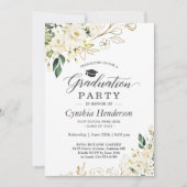 グリーンと白いバラの花の卒業パーティー 招待状 (正面)