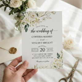 グリーンと白いバラの花模様に金箔の葉のウェディング 招待状