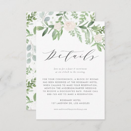 グリーンと白い花のウェディング詳細 エンクロージャーカード (正面/裏面)