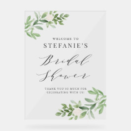 グリーンと白い花のグレーの結婚式前祝賀会 アクリルサイン