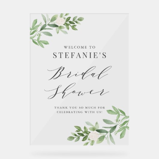 グリーンと白い花のグレーの結婚式前祝賀会 アクリルサイン (正面)