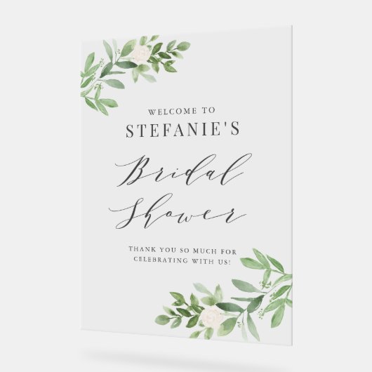 グリーンと白い花のグレーの結婚式前祝賀会 アクリルサイン (傾斜)