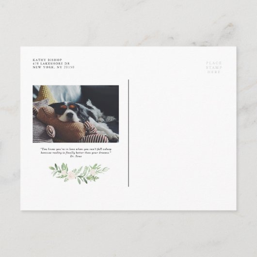 グリーンと白い花の写真　延期になった結婚式 案内ポストカード (裏面)