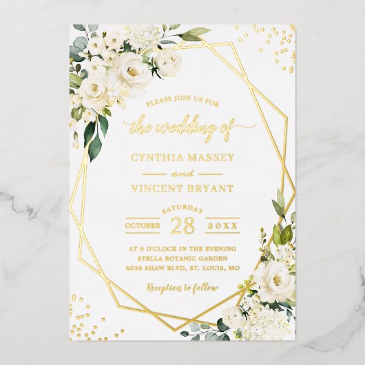 グリーンと白の花をあしらった幾何学的な結婚式のデザインにリアルゴールドをプラス  箔招待状 (正面)
