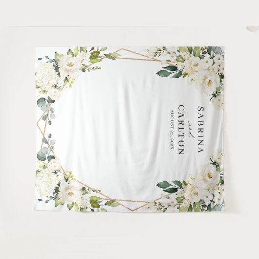 グリーンと白の花柄幾何学模様のウェディングバックドロップ タペストリー (正面(横))