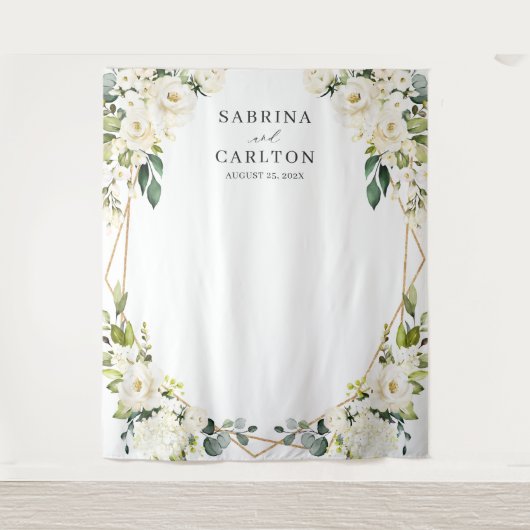 グリーンと白の花柄幾何学模様のウェディングバックドロップ タペストリー (正面)