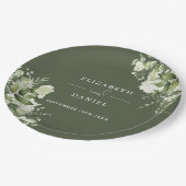 グリーンと花のエレガントなオリーブグリーンのウェディング ペーパープレート (アングル)