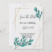 グリーンと花のゴールド箔の葉　保存日付 招待状 (正面)