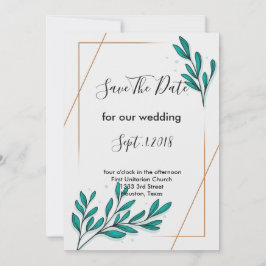 グリーンと花のゴールド箔の葉 保存日付 招待状