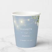 グリーンと花のストリングライト ダスティーブルー ウェディング 紙コップ (裏面)
