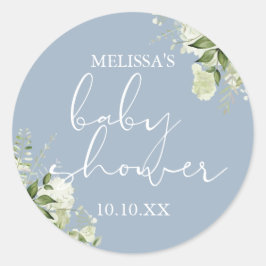グリーンと花のダスティーブルー男の子ベビーシャワープレゼント ラウンドシール