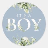 グリーンと花のダスティーブルー 男の子誕生祭 ラウンドシール (正面)