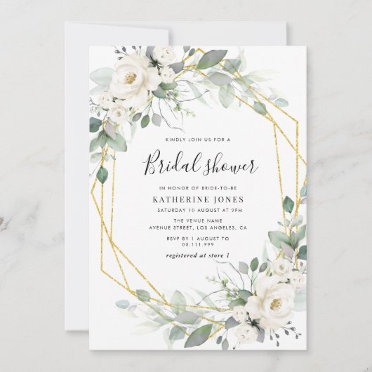 グリーンと花のフレーム ブライダルシャワー 招待状 (正面)