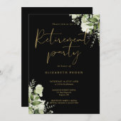 グリーンと花のブラックゴールドの退職パーティー 招待状 (正面/裏面)