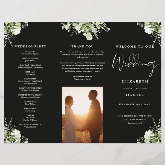グリーンと花の三つ折り結婚式プログラム チラシ (正面)