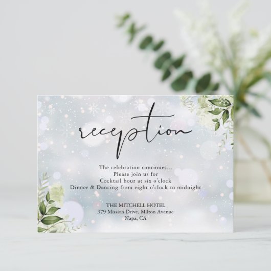 グリーンと花の冬のウェディング レセプション エンクロージャーカード (スタンド正面)