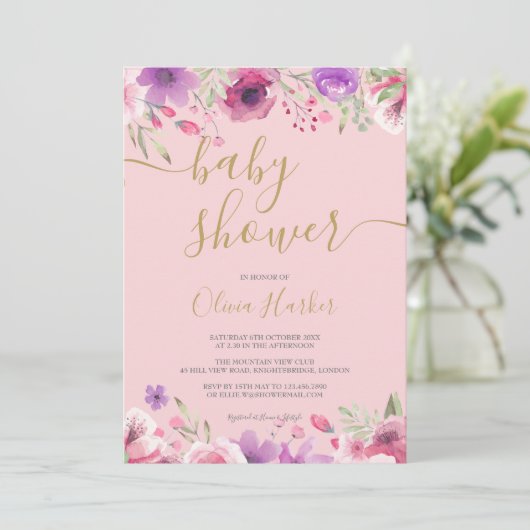 グリーンと花の牧場の赤ちゃんの女の子のシャワー/スプリンクル 招待状 (スタンド正面)