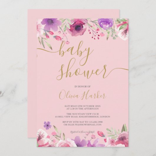 グリーンと花の牧場の赤ちゃんの女の子のシャワー/スプリンクル 招待状 (正面/裏面)