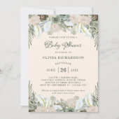 グリーンと花 | ブラッシュピンクのベビーシャワー 招待状 (正面)