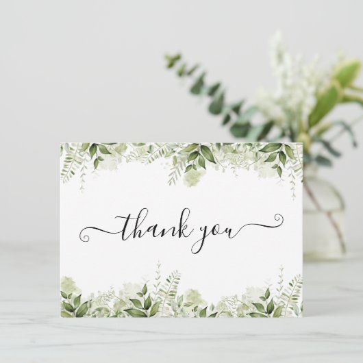 グリーンと葉のエレガントなスクリプト サンキューカード (スタンド正面)