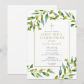 グリーンと葉のファーストホーリーコミュニオン 招待状 (正面/裏面)