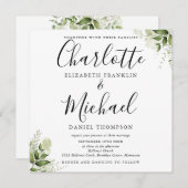 グリーンと葉のボタニカルエレガントスクリプトウェディング 招待状 (正面/裏面)