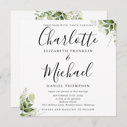 グリーンと葉のボタニカルエレガントスクリプトウェディング 招待状 (正面/裏面)