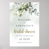 グリーンと葉のボヘミアンスタイルのウェディングシャワーのカウントダウン看板 ポスター (正面)