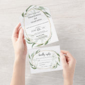 グリーンと葉の幾何学フレームの結婚式招待状(出欠回答付) オールインワン招待状 (貼ってはがせる)