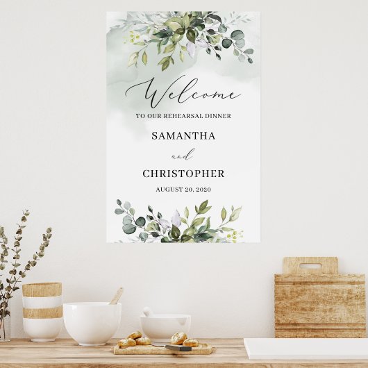 グリーンと葉の彩りのリハーサルディナーウェルカムサイン ポスター (キッチン)
