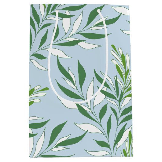 グリーンと葉の模様のエレガントなデザイン - 緑と薄い青 ミディアムペーパーバッグ (正面)