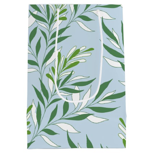 グリーンと葉の模様のエレガントなデザイン - 緑と薄い青 ミディアムペーパーバッグ (裏面)