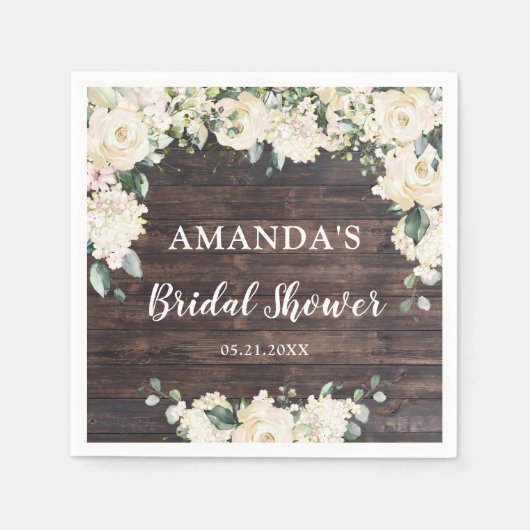 グリーンと葉の飾りが付いた、素朴な木材のボヘミアンスタイルの白いバラ スタンダードカクテルナプキン (正面)