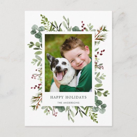 グリーンと赤いベリーのホリデー写真ポストカード シーズンポストカード (正面)