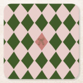 グリーンと赤面ハーレクイン名門私立校風のヴィンテージウェディング スクエアペーパーコースター (正面)