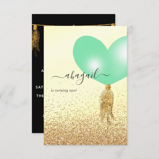 グリーンと金ゴールドとピンクの誕生日パーティーの招待状 招待状 (正面/裏面)